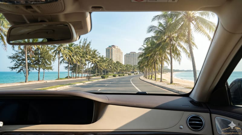 Góc nhìn từ trong xe ra cung đường ven biển thơ mộng với hàng dừa và khách sạn The Grand Hồ Tràm ẩn hiện phía xa.