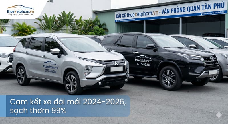 Cận cảnh dàn xe 7 chỗ hiện đại, sạch thơm 99% luôn sẵn sàng phục vụ quý khách tại bãi xe thuexetphcm.vn Quận Tân Phú.