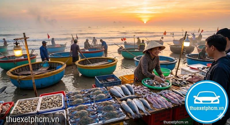 Khung cảnh nhộn nhịp tại Chợ Lưới Hồ Tràm lúc bình minh, minh họa cho sự am hiểu địa phương của tài xế thuexetphcm.vn.