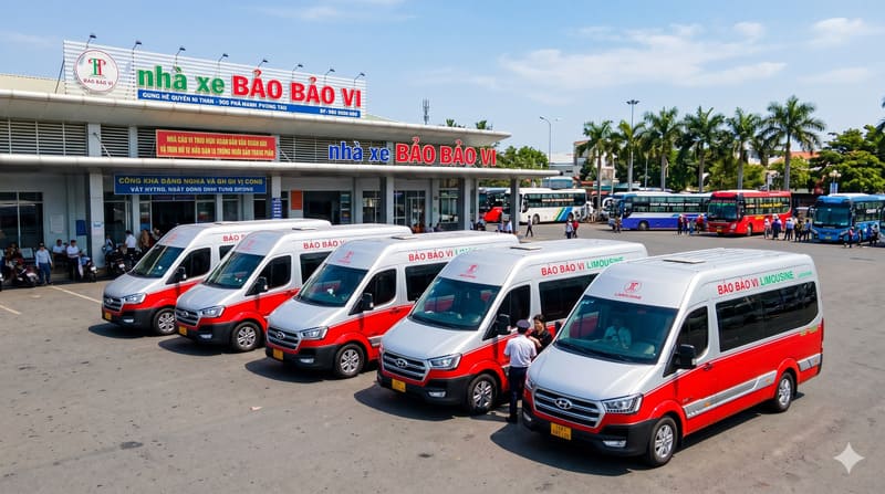 Đội xe Limousine Bảo Bảo Vi nổi bật với màu đỏ trắng, chuyên phục vụ khách du lịch nghỉ dưỡng tuyến Hồ Tràm.