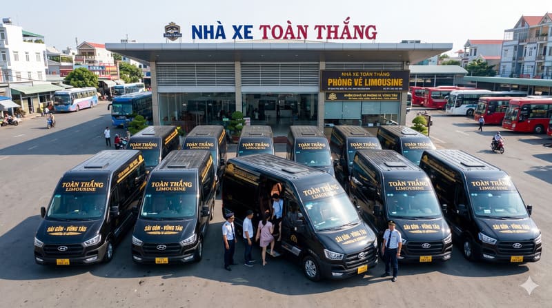 Hình ảnh dàn xe Limousine đen sang trọng của nhà xe Toàn Thắng tại bến xe, sẵn sàng khởi hành đi Hồ Tràm.