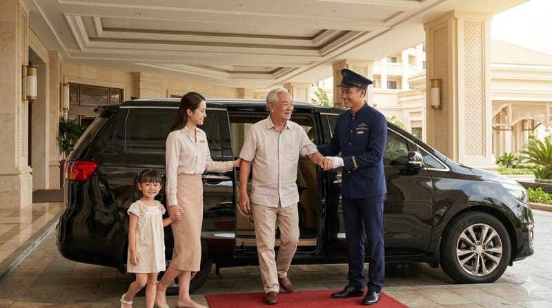 Tài xế thuexetphcm.vn tận tâm hỗ trợ người già và trẻ em bước xuống xe an toàn.