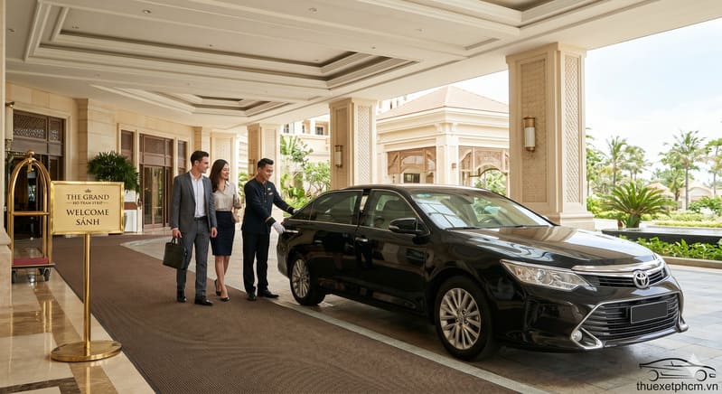 Xe Toyota Camry đen bóng bẩy đậu tại sảnh đón khách của resort cao cấp, khẳng định tính chuyên nghiệp của thuexetphcm.vn.