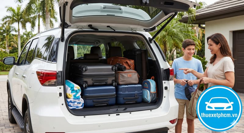 Xe Toyota Fortuner trắng mở cốp khoe không gian chứa hành lý cực rộng, giải quyết nỗi lo đồ đạc lỉnh kỉnh cho các gia đình.