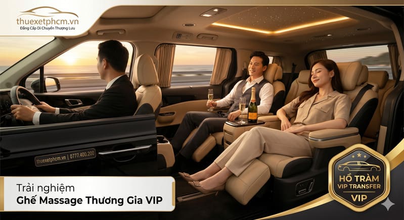 Tận hưởng sự thư giãn tuyệt đối trên ghế massage chỉnh điện cao cấp trong suốt hành trình từ Sài Gòn đi Hồ Tràm.