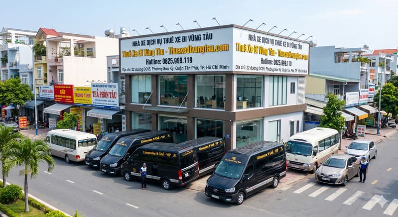 Mặt tiền văn phòng uy tín của Thuexedivungtau.com với dàn xe hợp đồng đời mới, phục vụ chuyên nghiệp 24/7.