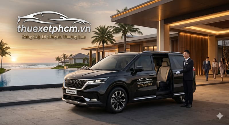 Xe Kia Carnival sang trọng đón khách tại sảnh Resort 5 sao Hồ Tràm, khởi đầu hành trình nghỉ dưỡng thượng lưu.
